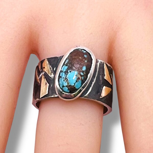 Tarnished Silver Gold Accent Persian Turquoise Ring, sz 9 - Image 14