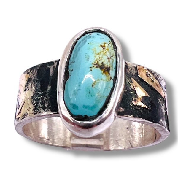 Persian Turquoise Oxidized Silver Gold Accent Ring, sz 6.5 - Image 2