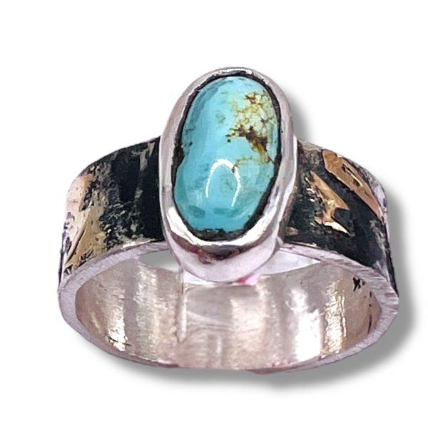 Persian Turquoise Oxidized Silver Gold Accent Ring, sz 6.5 - Image 3