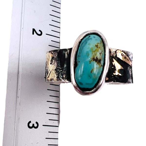 Persian Turquoise Oxidized Silver Gold Accent Ring, sz 6.5 - Image 4