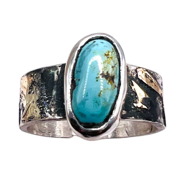 Persian Turquoise Oxidized Silver Gold Accent Ring, sz 6.5 - Image 5