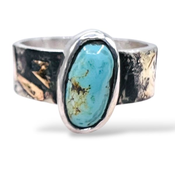 Persian Turquoise Oxidized Silver Gold Accent Ring, sz 6.5