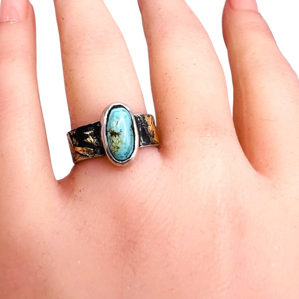 Persian Turquoise Oxidized Silver Gold Accent Ring, sz 6.5 - Image 12