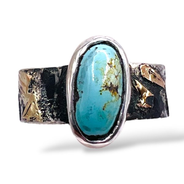 Persian Turquoise Oxidized Silver Gold Accent Ring, sz 6.5 - Image 15