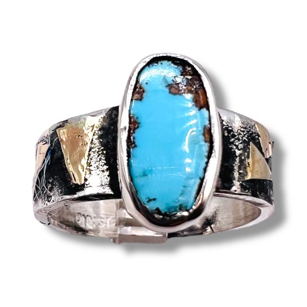 Persian Turquoise Oxidized Silver Ring w/14k Gold, sz 7 - Image 5