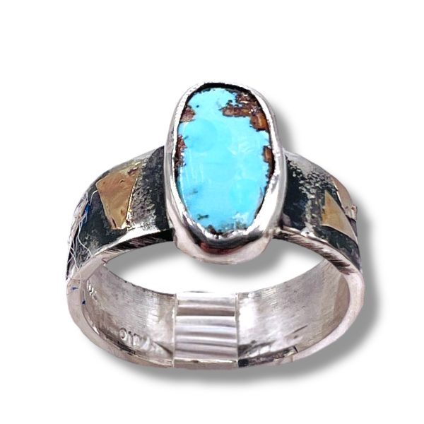 Persian Turquoise Oxidized Silver Ring w/14k Gold, sz 7 - Image 4