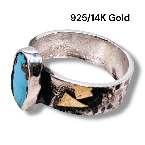 Persian Turquoise Oxidized Silver Ring w/14k Gold, sz 7 - Image 2