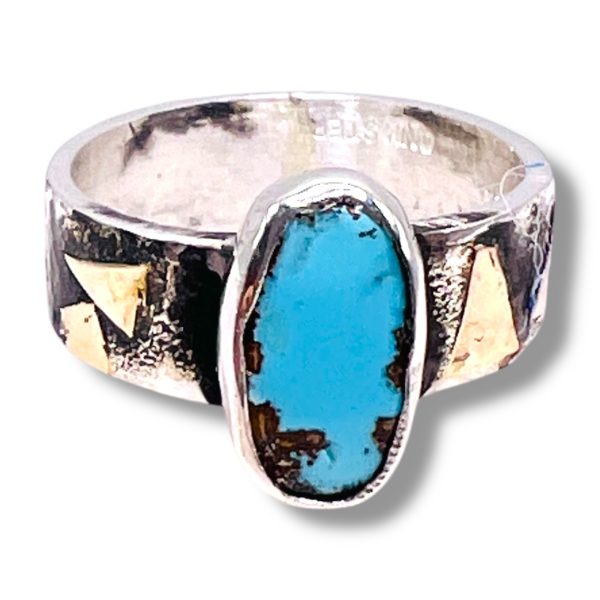 Persian Turquoise Oxidized Silver Ring w/14k Gold, sz 7