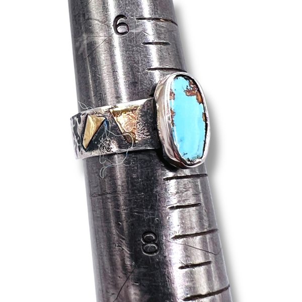 Persian Turquoise Oxidized Silver Ring w/14k Gold, sz 7 - Image 8