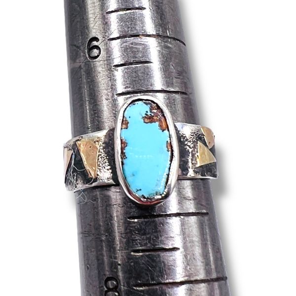 Persian Turquoise Oxidized Silver Ring w/14k Gold, sz 7 - Image 9