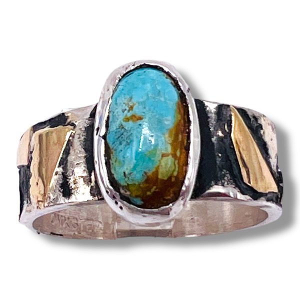 Blackened Silver Gold Accent Persian Turquoise Ring, sz 6.75 - Image 2