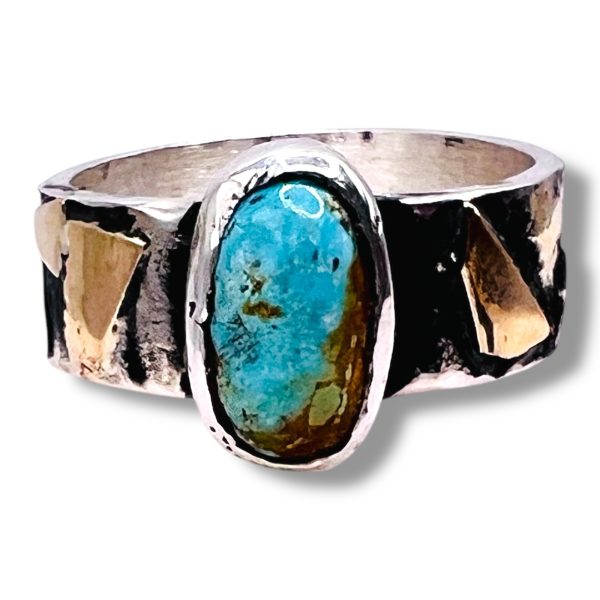 Blackened Silver Gold Accent Persian Turquoise Ring, sz 6.75