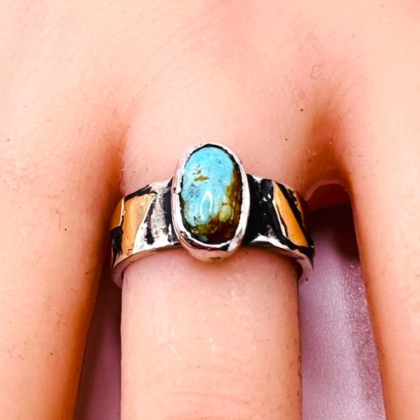 Blackened Silver Gold Accent Persian Turquoise Ring, sz 6.75 - Image 13