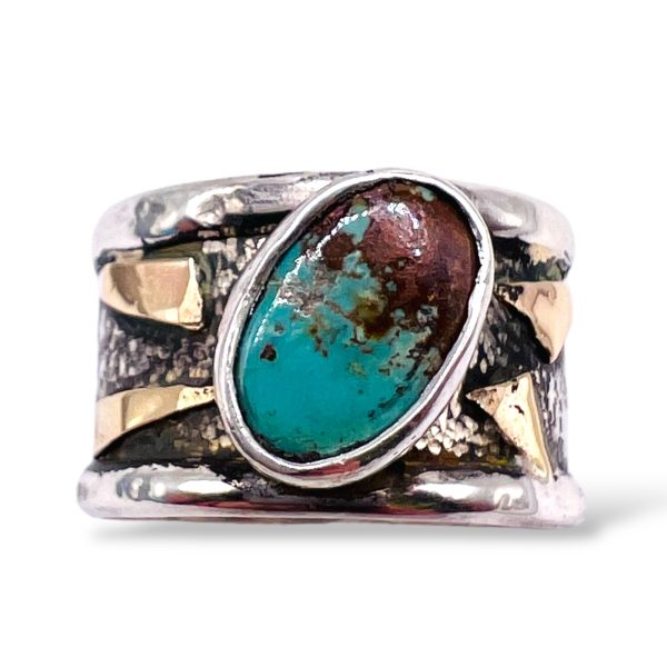 Persian Turquoise Blackened Silver Gold Accent Ring, sz 10.5 - Image 2