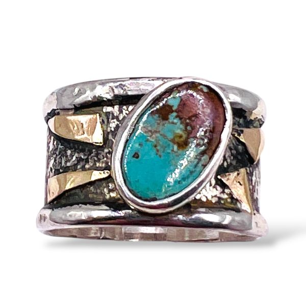 Persian Turquoise Blackened Silver Gold Accent Ring, sz 10.5 - Image 4