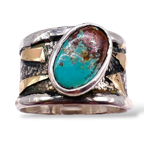 Persian Turquoise Blackened Silver Gold Accent Ring, sz 10.5 - Image 8