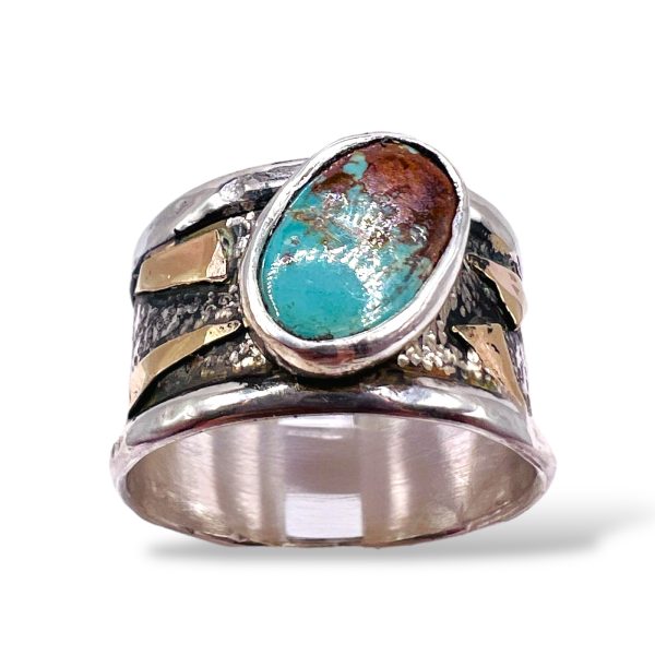 Persian Turquoise Blackened Silver Gold Accent Ring, sz 10.5 - Image 9