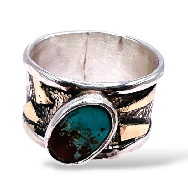 Persian Turquoise Blackened Silver Gold Accent Ring, sz 10.5 - Image 10