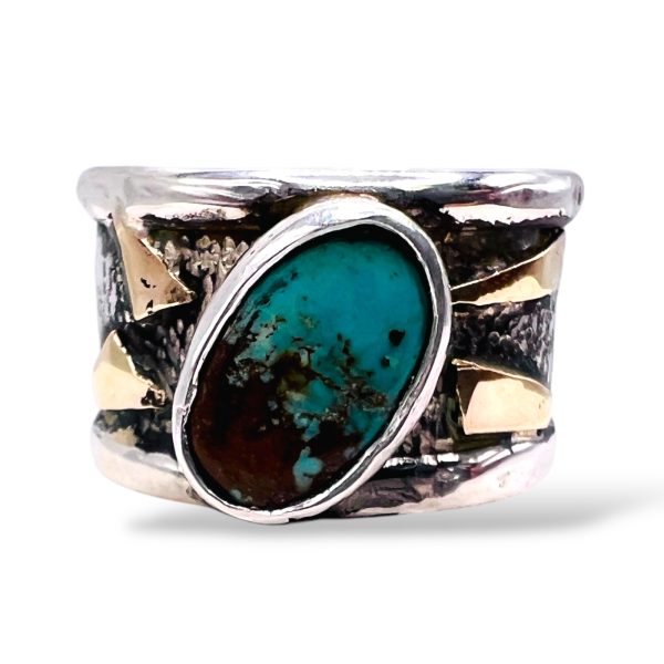 Persian Turquoise Blackened Silver Gold Accent Ring, sz 10.5