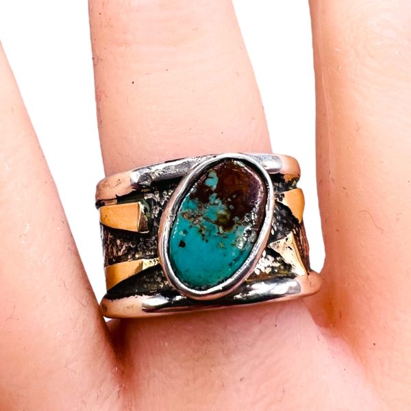 Persian Turquoise Blackened Silver Gold Accent Ring, sz 10.5 - Image 14