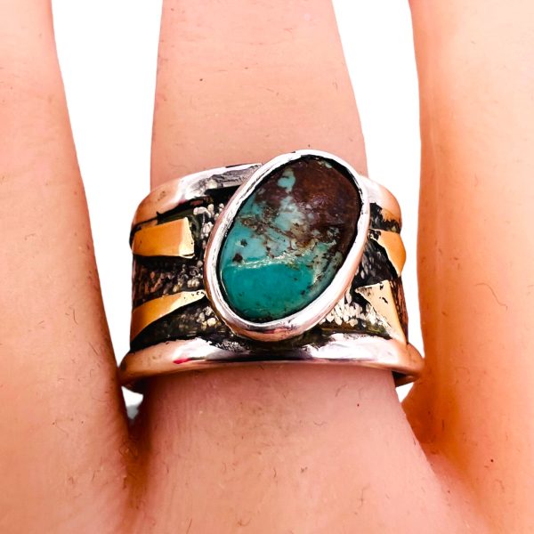 Persian Turquoise Blackened Silver Gold Accent Ring, sz 10.5 - Image 15