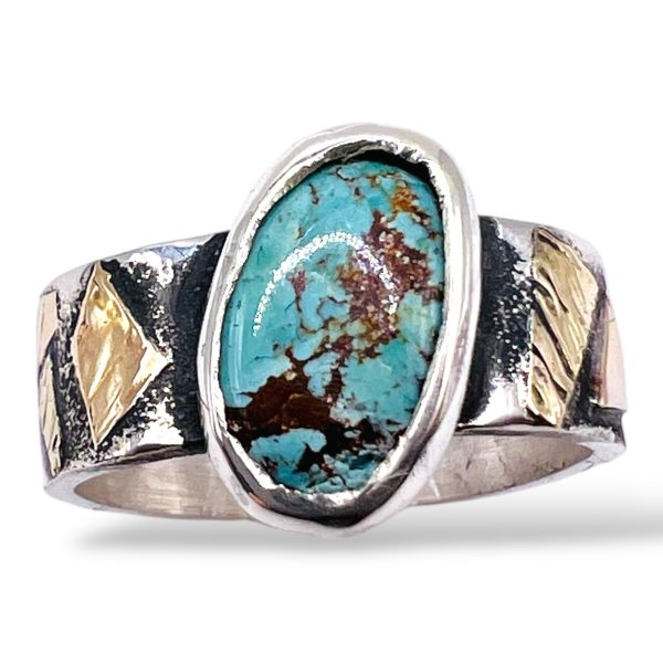 Oxidized Silver Matrix Turquoise Ring 14k Gold Accent, sz 7 - Image 2