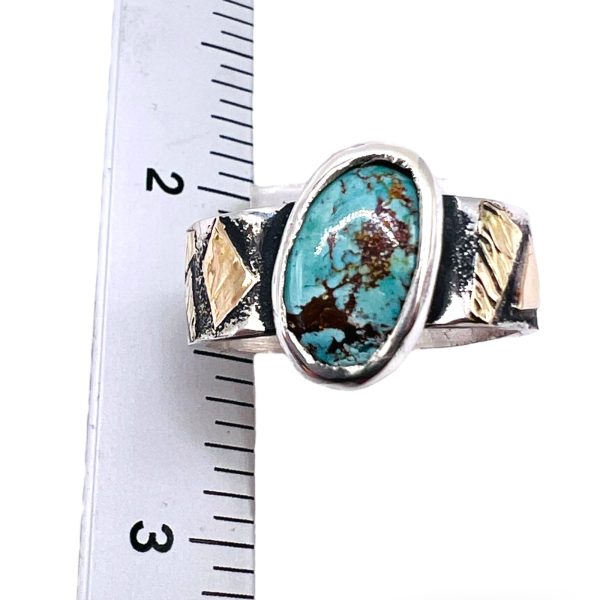 Oxidized Silver Matrix Turquoise Ring 14k Gold Accent, sz 7 - Image 3