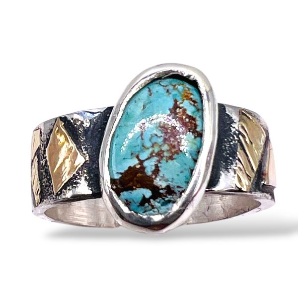 Oxidized Silver Matrix Turquoise Ring 14k Gold Accent, sz 7 - Image 4