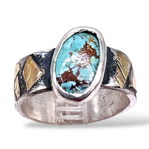 Oxidized Silver Matrix Turquoise Ring 14k Gold Accent, sz 7 - Image 5