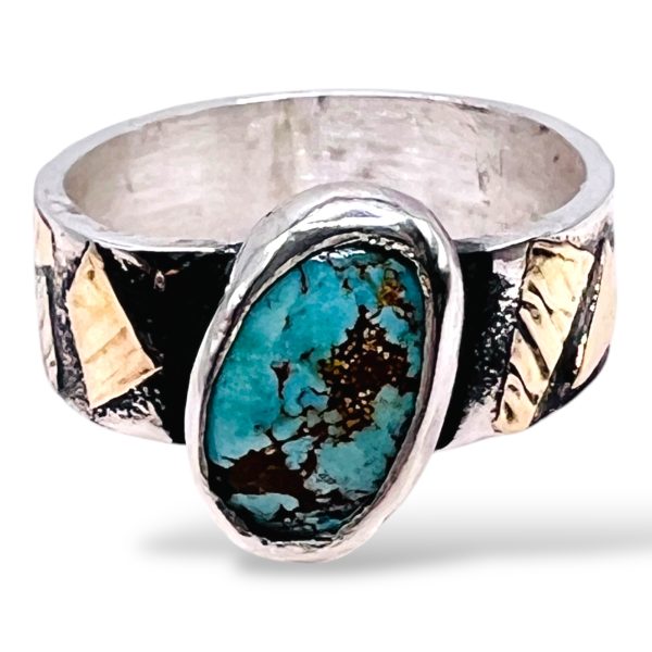 Oxidized Silver Matrix Turquoise Ring 14k Gold Accent, sz 7 - Image 9