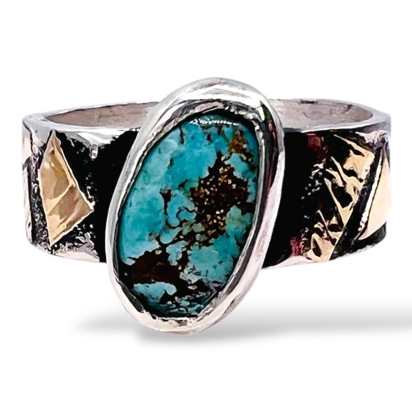 Oxidized Silver Matrix Turquoise Ring 14k Gold Accent, sz 7 - Image 10