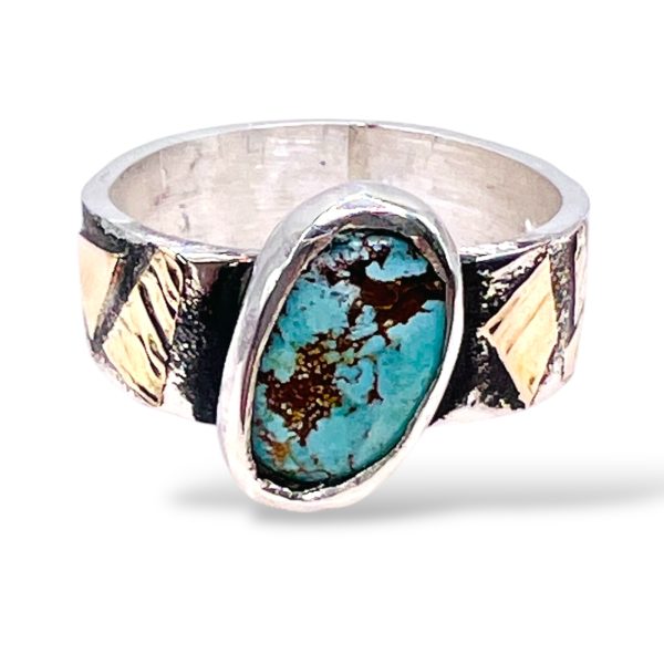 Oxidized Silver Matrix Turquoise Ring 14k Gold Accent, sz 7