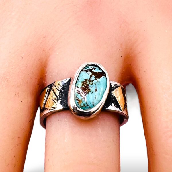 Oxidized Silver Matrix Turquoise Ring 14k Gold Accent, sz 7 - Image 16