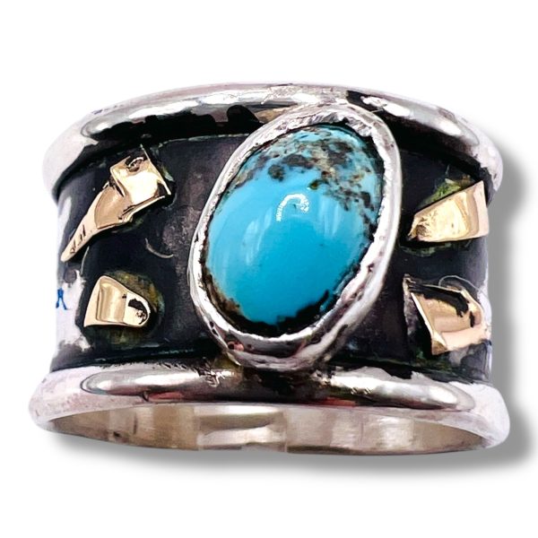 Persian Turquoise Ring | Oxidized Silver Gold Accent, sz 10 - Image 2