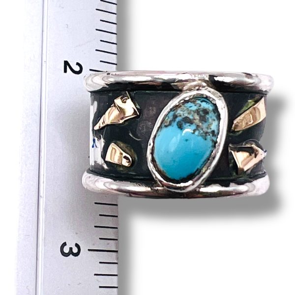 Persian Turquoise Ring | Oxidized Silver Gold Accent, sz 10 - Image 3