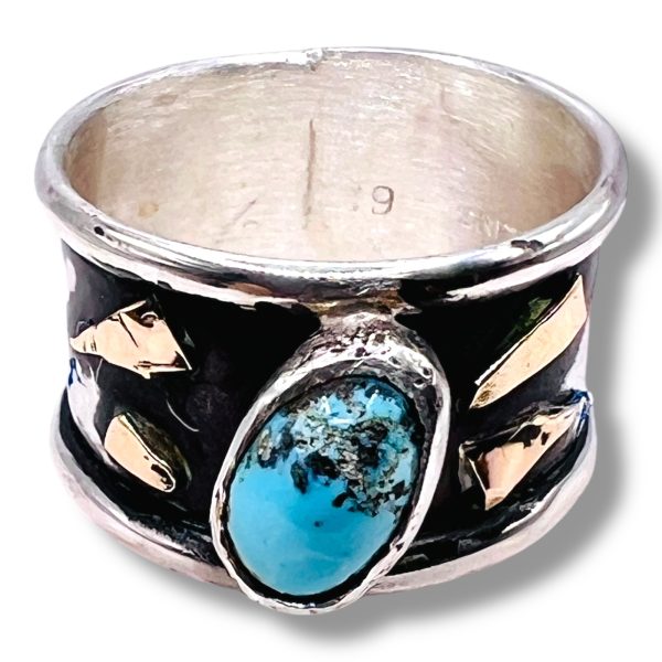 Persian Turquoise Ring | Oxidized Silver Gold Accent, sz 10 - Image 7