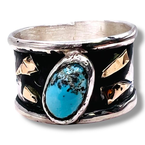 Persian Turquoise Ring | Oxidized Silver Gold Accent, sz 10