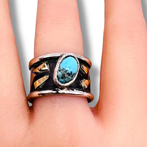 Persian Turquoise Ring | Oxidized Silver Gold Accent, sz 10 - Image 11