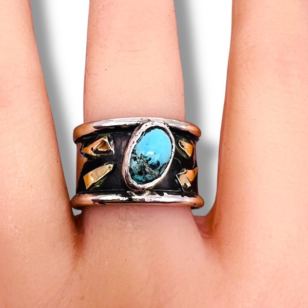 Persian Turquoise Ring | Oxidized Silver Gold Accent, sz 10 - Image 12