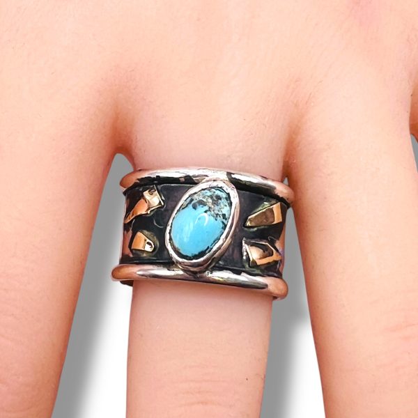 Persian Turquoise Ring | Oxidized Silver Gold Accent, sz 10 - Image 13