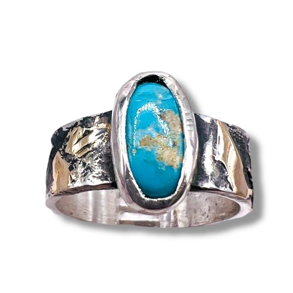 Rustic Silver Gold Accent Persian Turquoise Ring, sz 7.75 - Image 3