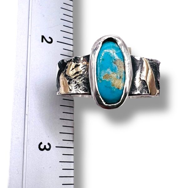 Rustic Silver Gold Accent Persian Turquoise Ring, sz 7.75 - Image 4