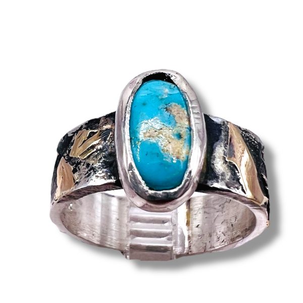 Rustic Silver Gold Accent Persian Turquoise Ring, sz 7.75 - Image 7