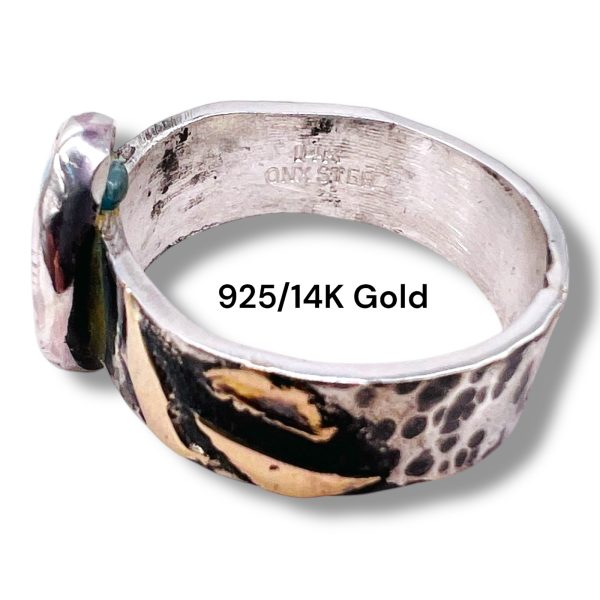 Rustic Silver Gold Accent Persian Turquoise Ring, sz 7.75 - Image 10