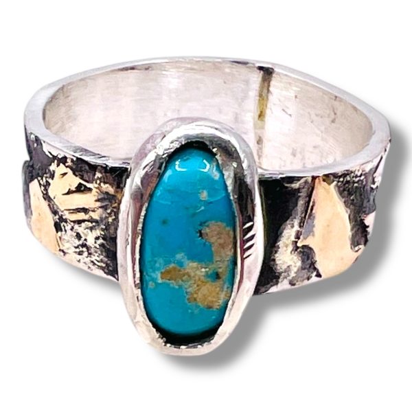 Rustic Silver Gold Accent Persian Turquoise Ring, sz 7.75 - Image 11