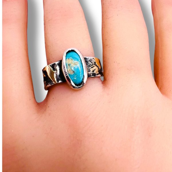 Rustic Silver Gold Accent Persian Turquoise Ring, sz 7.75 - Image 14