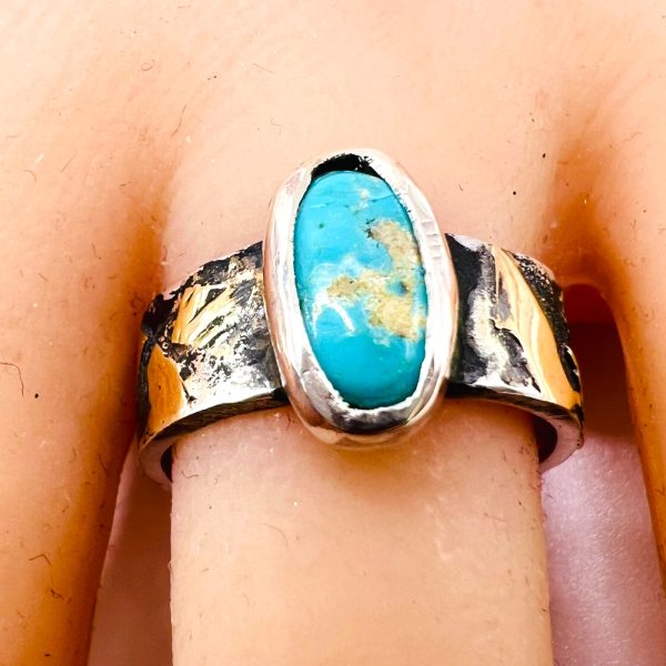 Rustic Silver Gold Accent Persian Turquoise Ring, sz 7.75 - Image 15