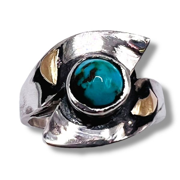 Persian Turquoise Ring 925 Silver 14k Gold Accent, sz 5.25 - Image 2