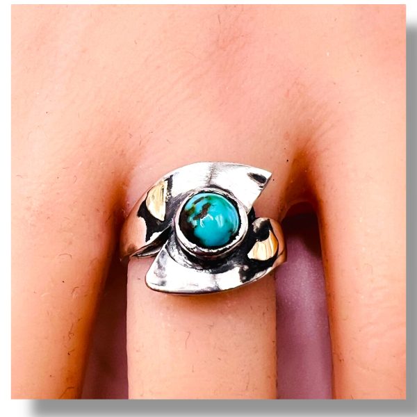 Persian Turquoise Ring 925 Silver 14k Gold Accent, sz 5.25 - Image 12