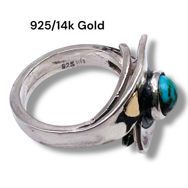 Persian Turquoise Ring 925 Silver 14k Gold Accent, sz 5.25 - Image 15